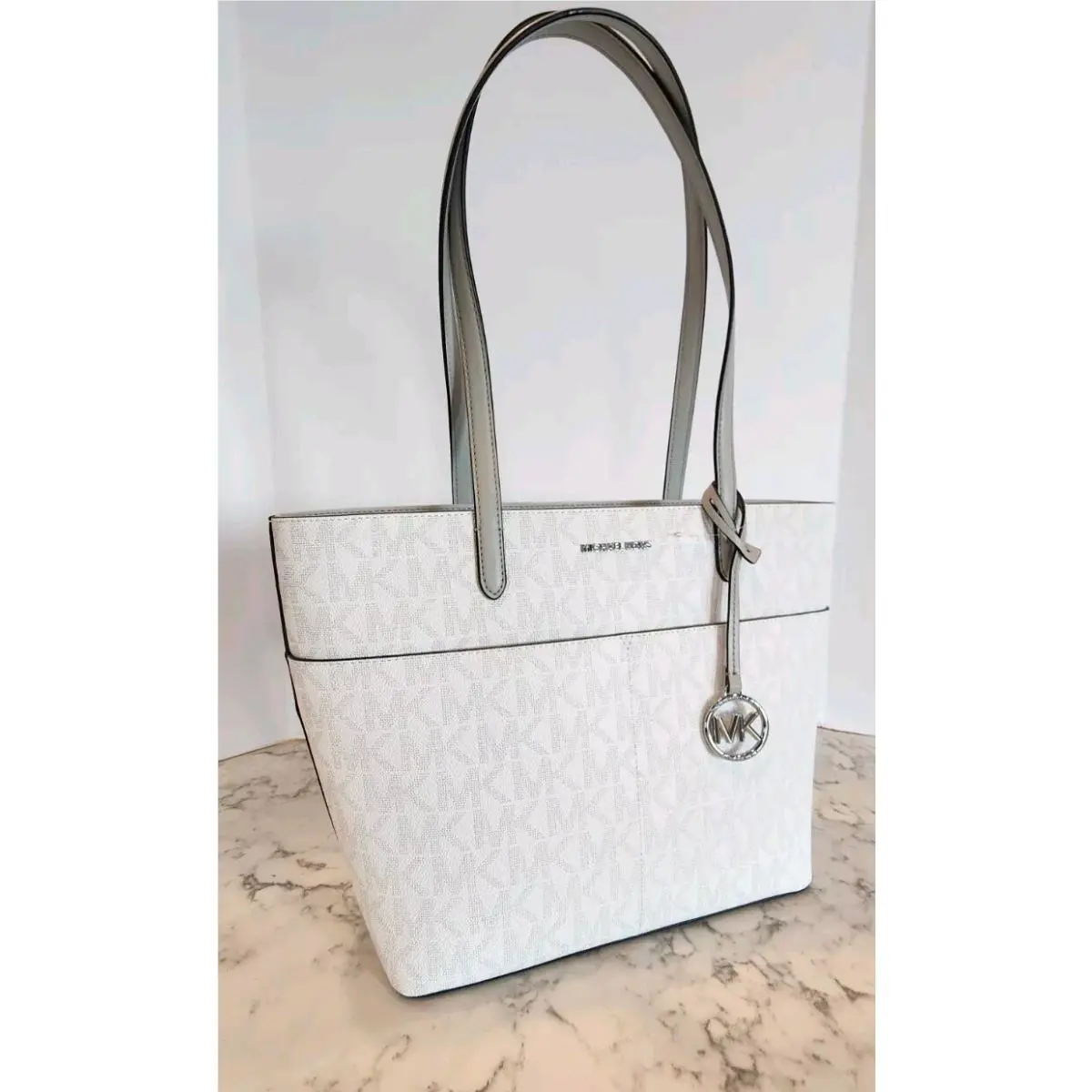 Michael Kors Bedford Medium Top Zip Pocket Tote Aluminum Multi MK Logo