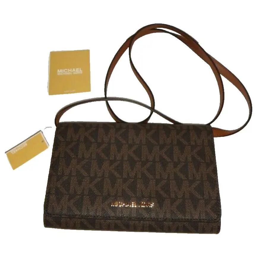 Michael Kors MK Signature Convertible Cross-body LG Clutch Bag Wallet Brown Gold