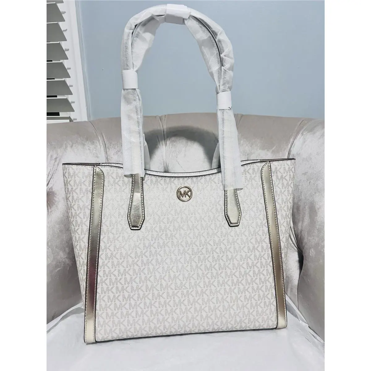 Michael Kors Leida Large Metallic Signature Logo Tote Handbag Bag Pale Gold