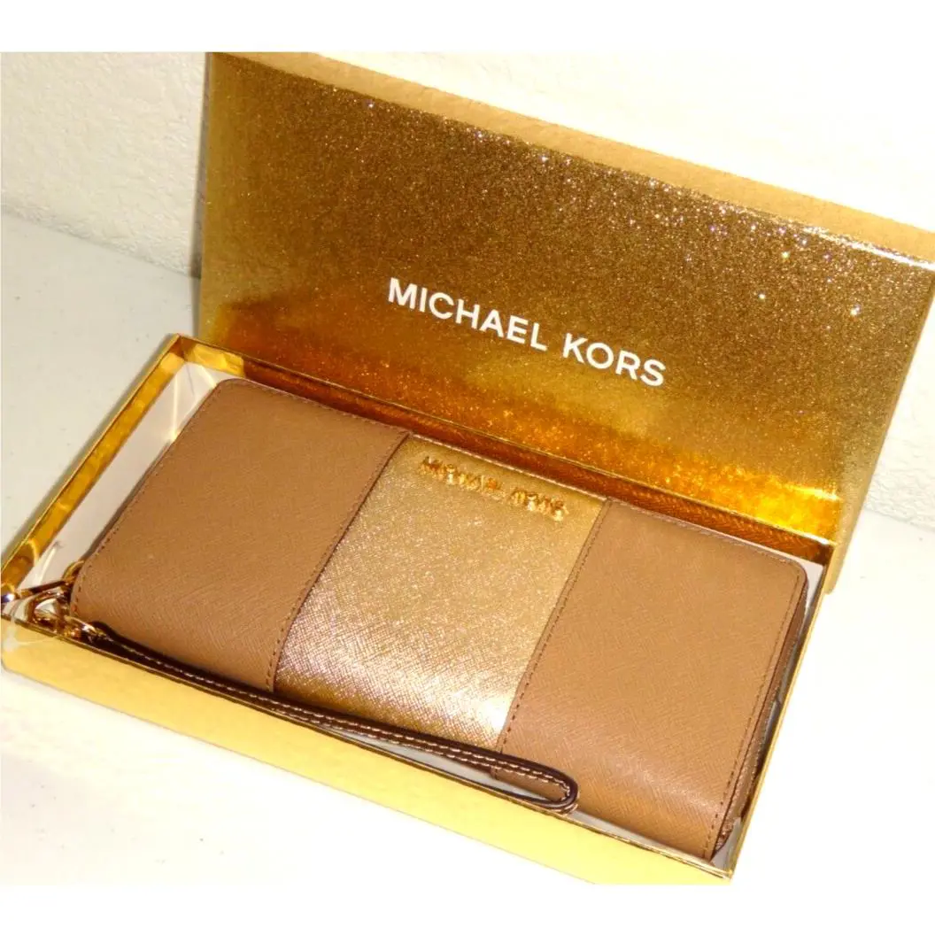 Michael Kors Met Center Stripe MK Travel Wallet Clutch DK Khaki Saffiano Leather