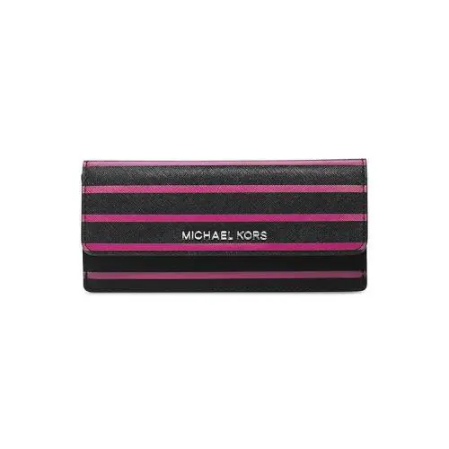 Michael Kors Jet Set Travel Stripe Black+pink Saffiano Leather Flap Wallet - BLACK,DEEP PINK