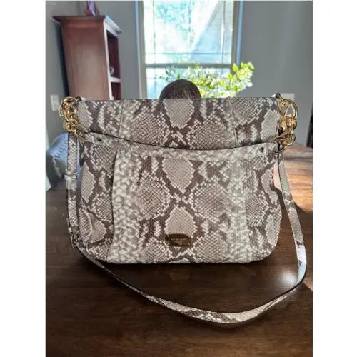 Michael Kors Hallie Convertible Shoulder Bag Embossed Leather - Dark Sand Python