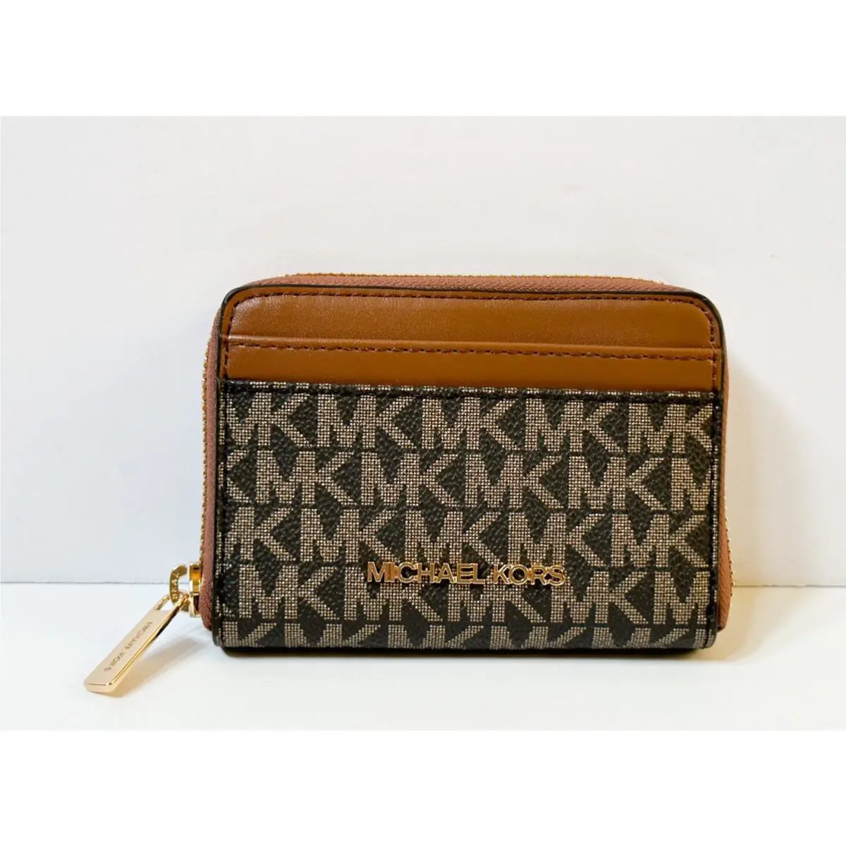 Michael Kors Jet Set Travel Zip Around Card Case Wallet MK Glitter Gold Brown