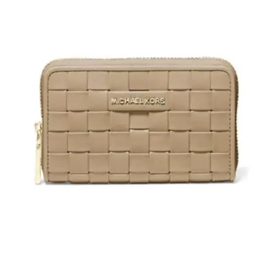 Michael Kors Jet Set Woven Leather Zip-around Card Case Camel Beige