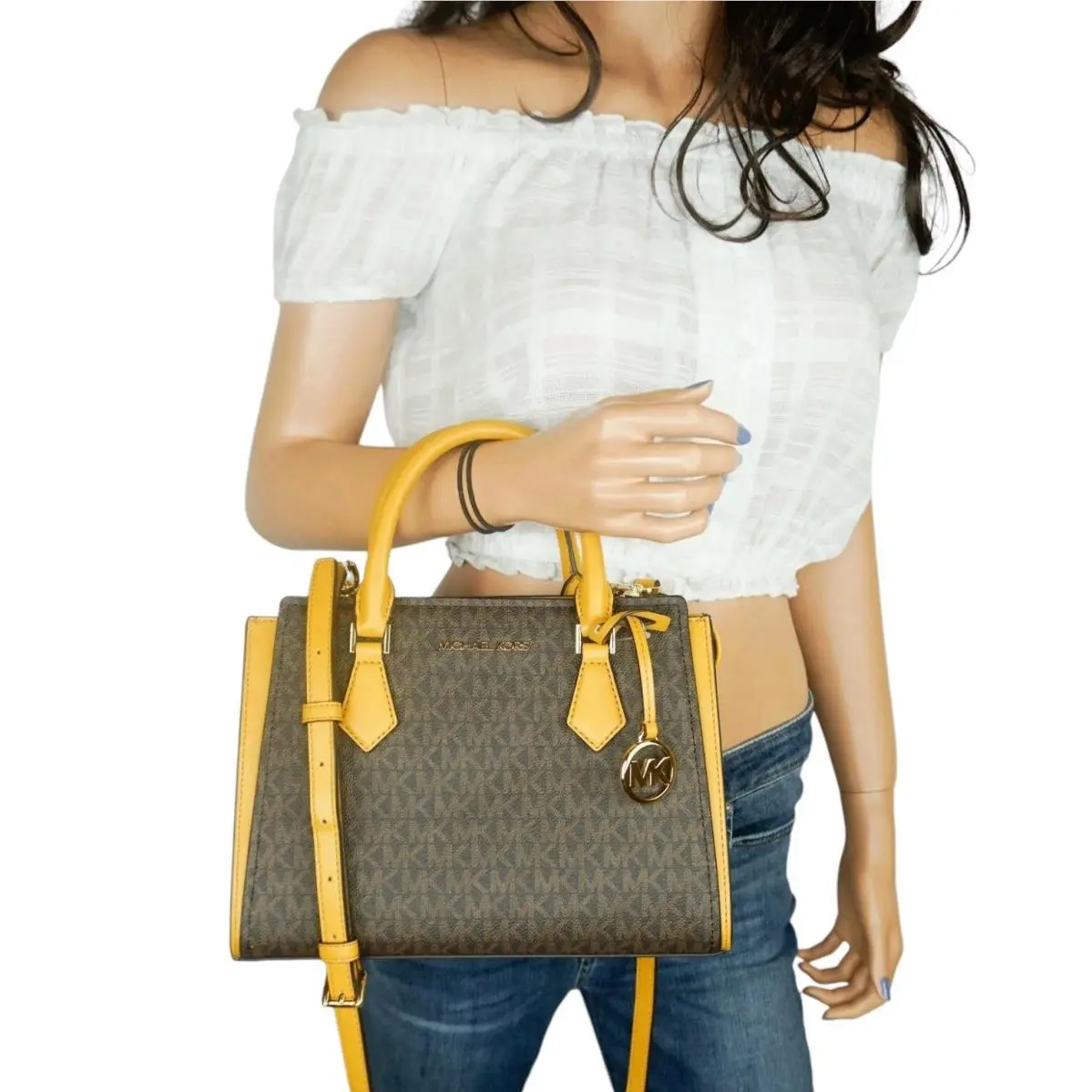 Michael Kors Hope Medium Messenger Bag MK Signature Brown Yellow Marigold