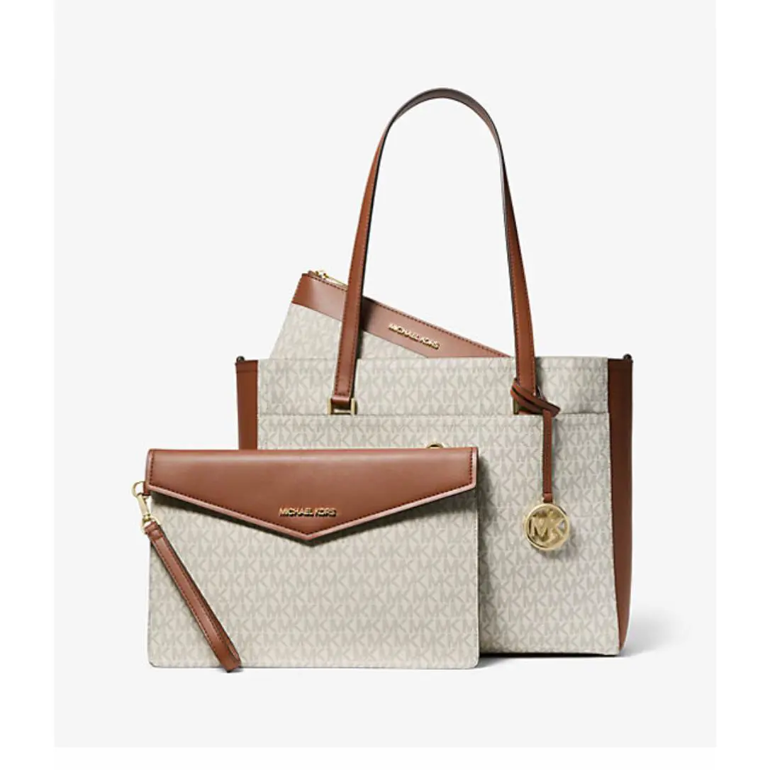 Michael Kors Maisie Large Pebbled Leather 3-in-1 Tote Bag Vanilla MK Signature