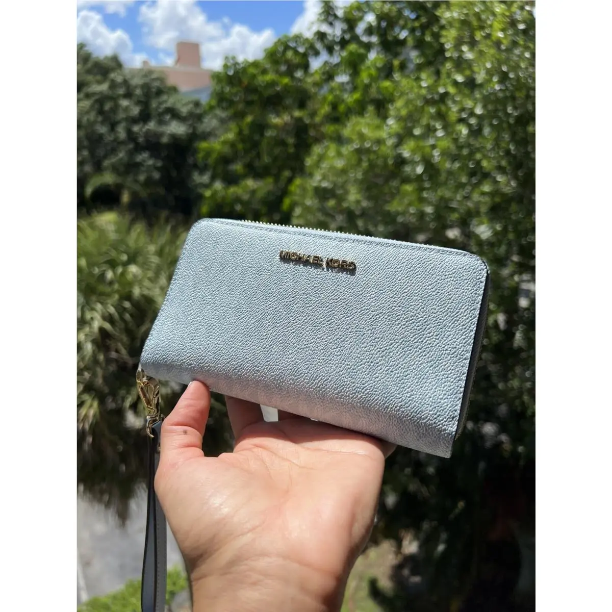 Michael Kors Jet Set Travel Large Phone Case Pvc Leather Wristlet Pale Ocean