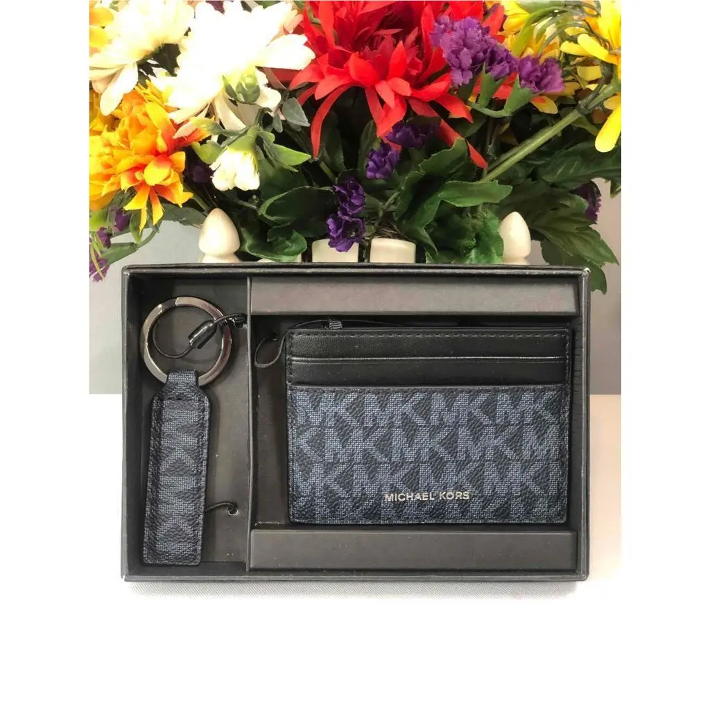 Michael Kors Navy Blue Jet Set Men`s Card Case Key Fob Gift Box Set