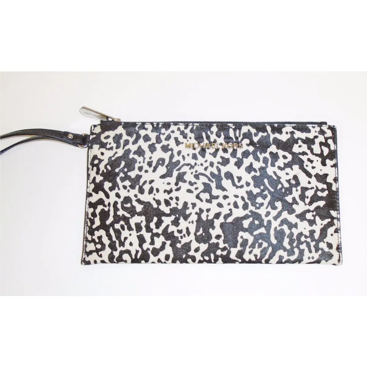 Michael Kors Jet Set Travel Black+optic White Haircalf Wristlet Clutch Handbag