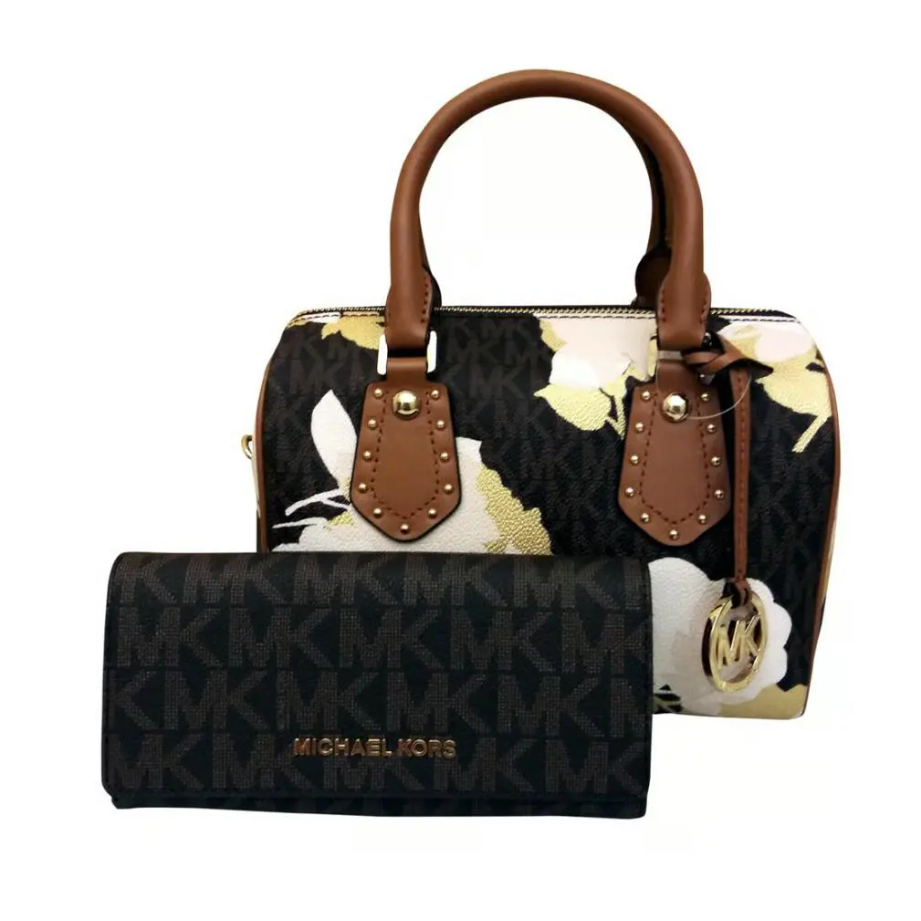 Michael Kors Small MK Logo Floral Print Brown Crossbody w/ Matching Wallet