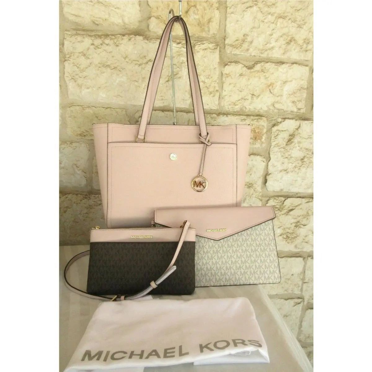 Convertible LG Tote/sm X-body Wristlet Set Pink Leather Logo by Michael Kors