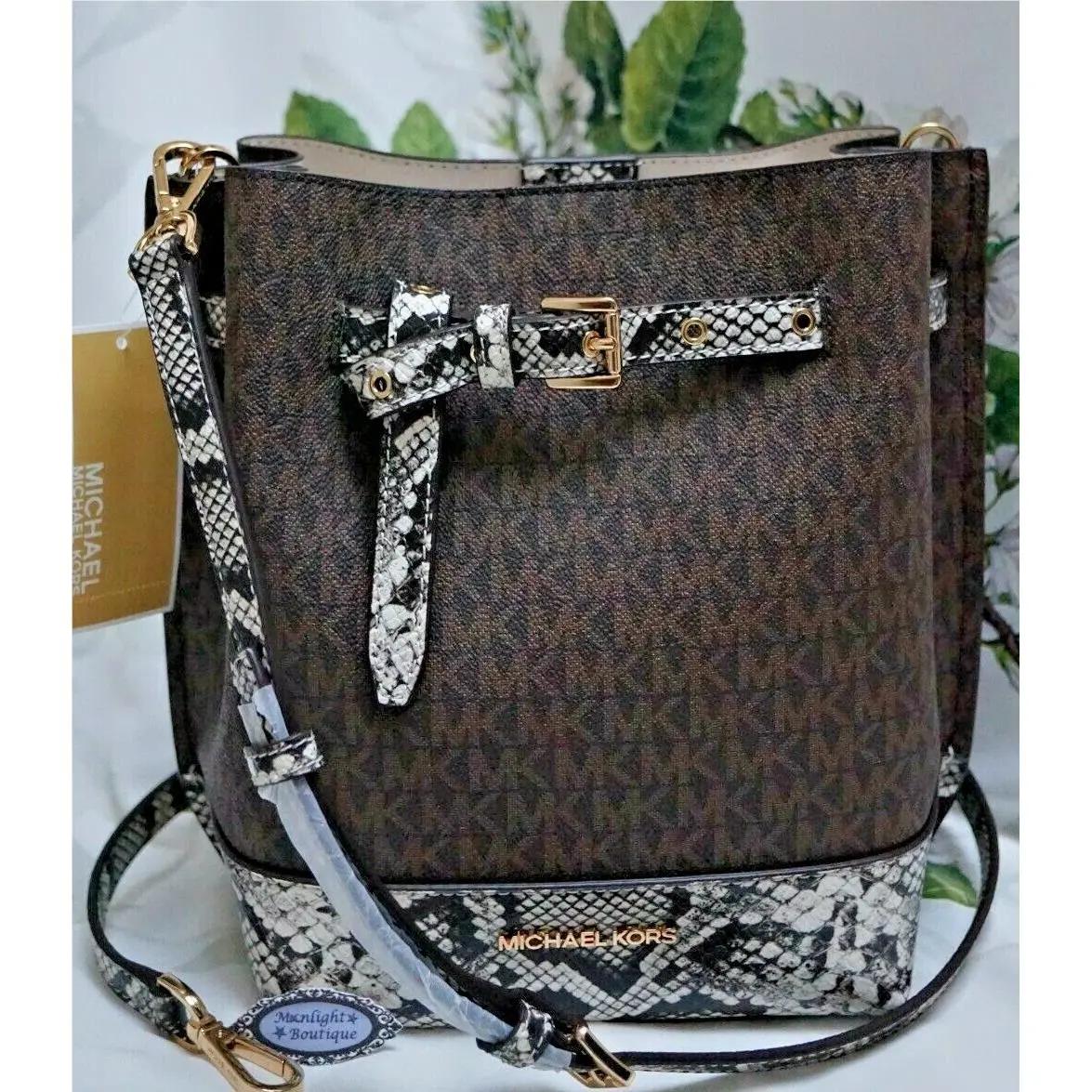 Emilia Small Bucket Msgr Bag In Natural Multi Exotic MK Sig CC by Michael Kors