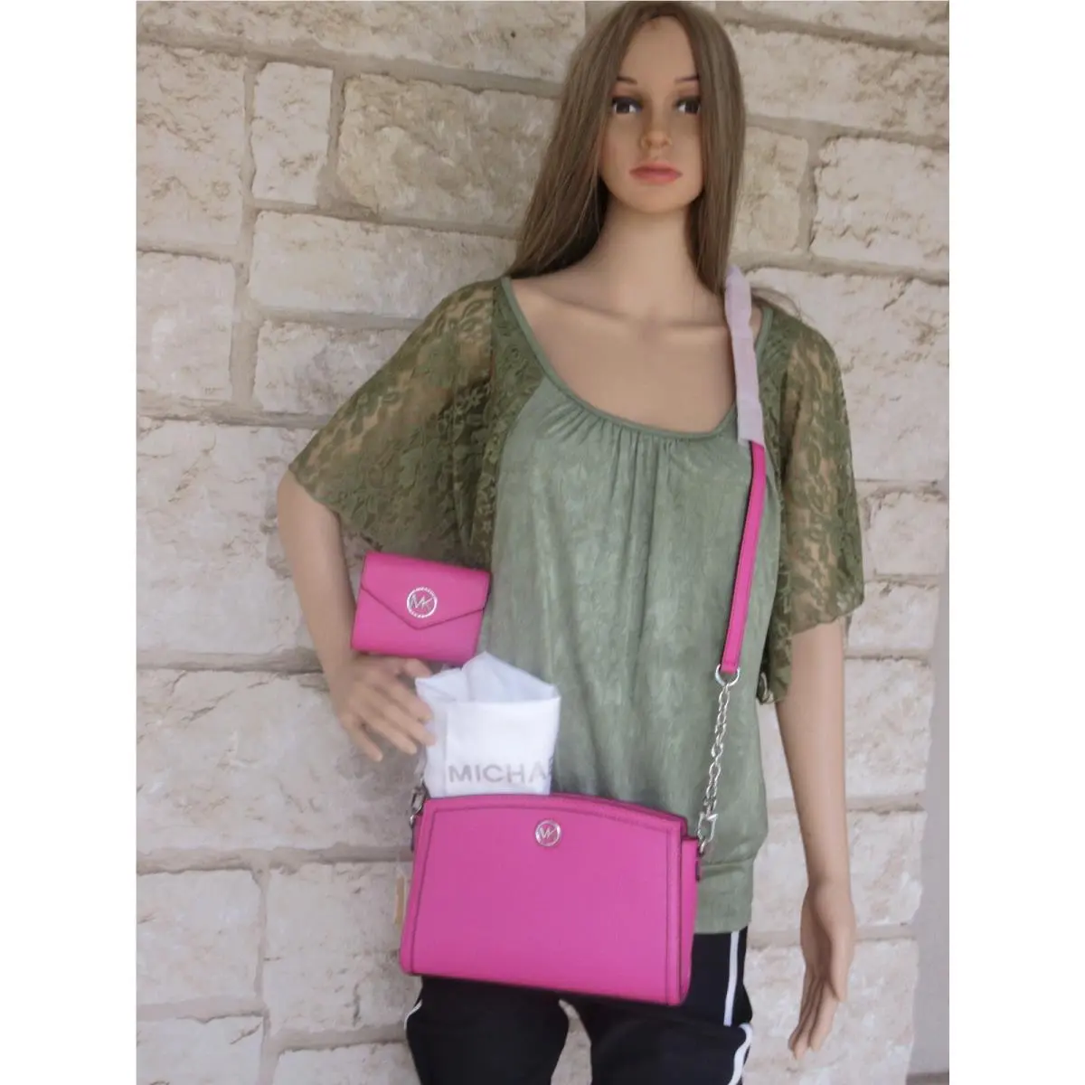Michael Kors Chantal Cerise Small Chain Leather X-body + Wallet Dust Bag Set