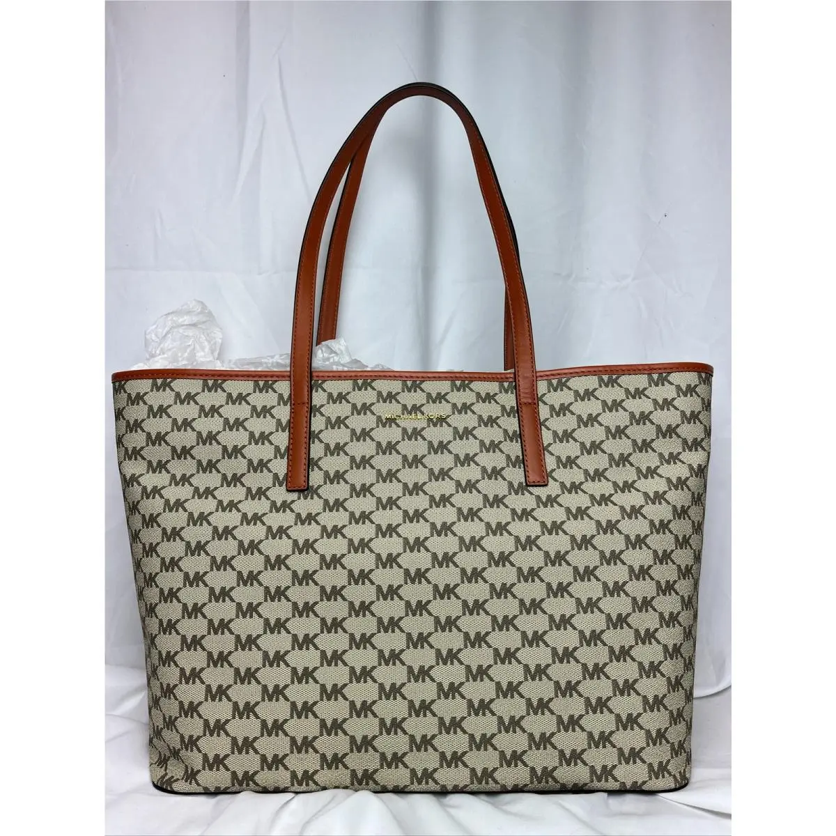 Michael Kors Women`s Large Natural Orange MK Print Emry Tote Purse Bag
