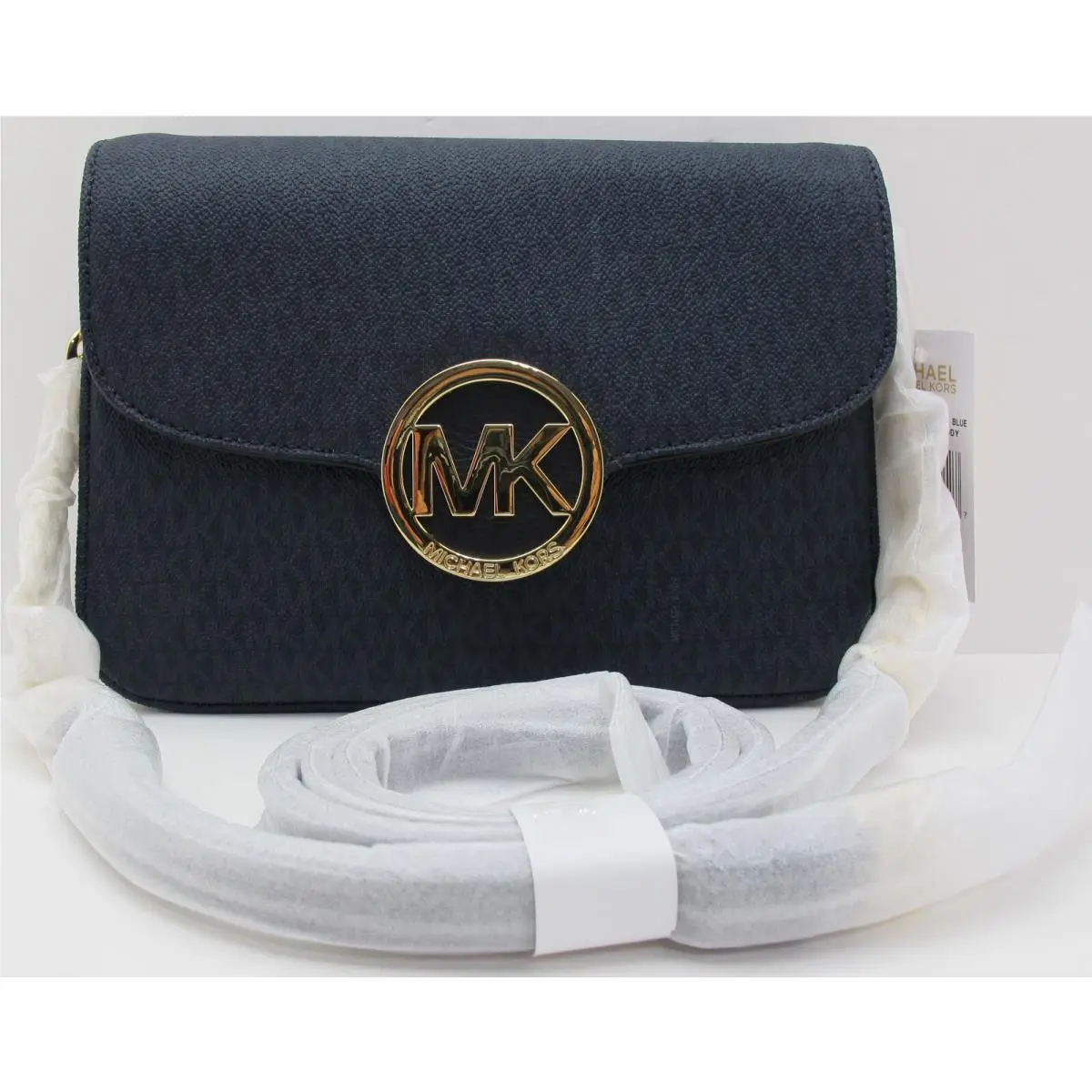 Michael Kors Fulton Flap Gusset Chain Leather MK Sig Crossbody Baltic Blue