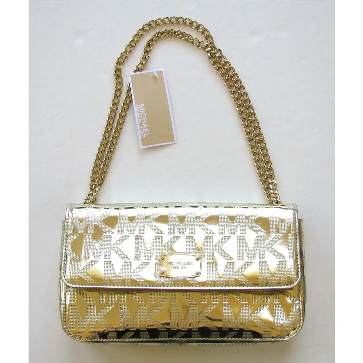 Michael Kors Jet Set Conv Chain Item Pale Gold Mirror Metallic Shoulder Hand Bag