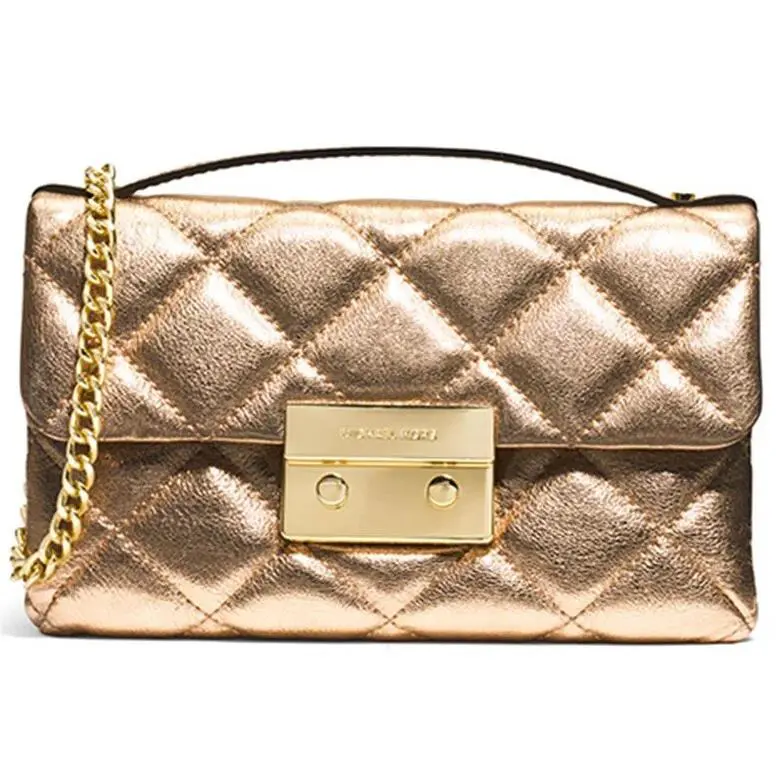 Michael Kors Sloan Pale Gold Quilted Leather Messenger/crossbody Handbag - Handle/Strap: Gold, Hardware: Gold, Exterior: Gold