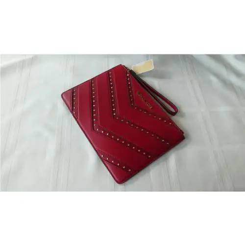 Michael Kors Large Leather Wristlet Clutch Pouch Studs Scarlet Red