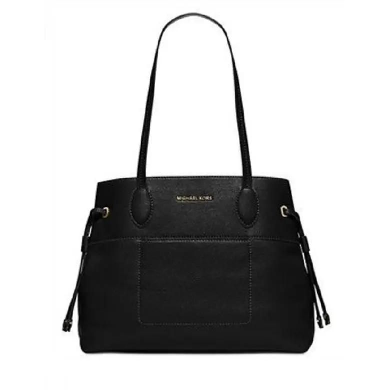 Michael Kors Mae Large East West Drawstring Tote Black Venus Cow Leather Bag