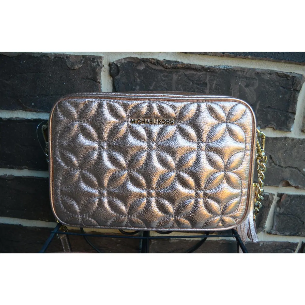 Michael Kors Quilted Floral Light Rose Gold Leather Camera Md Crossbody