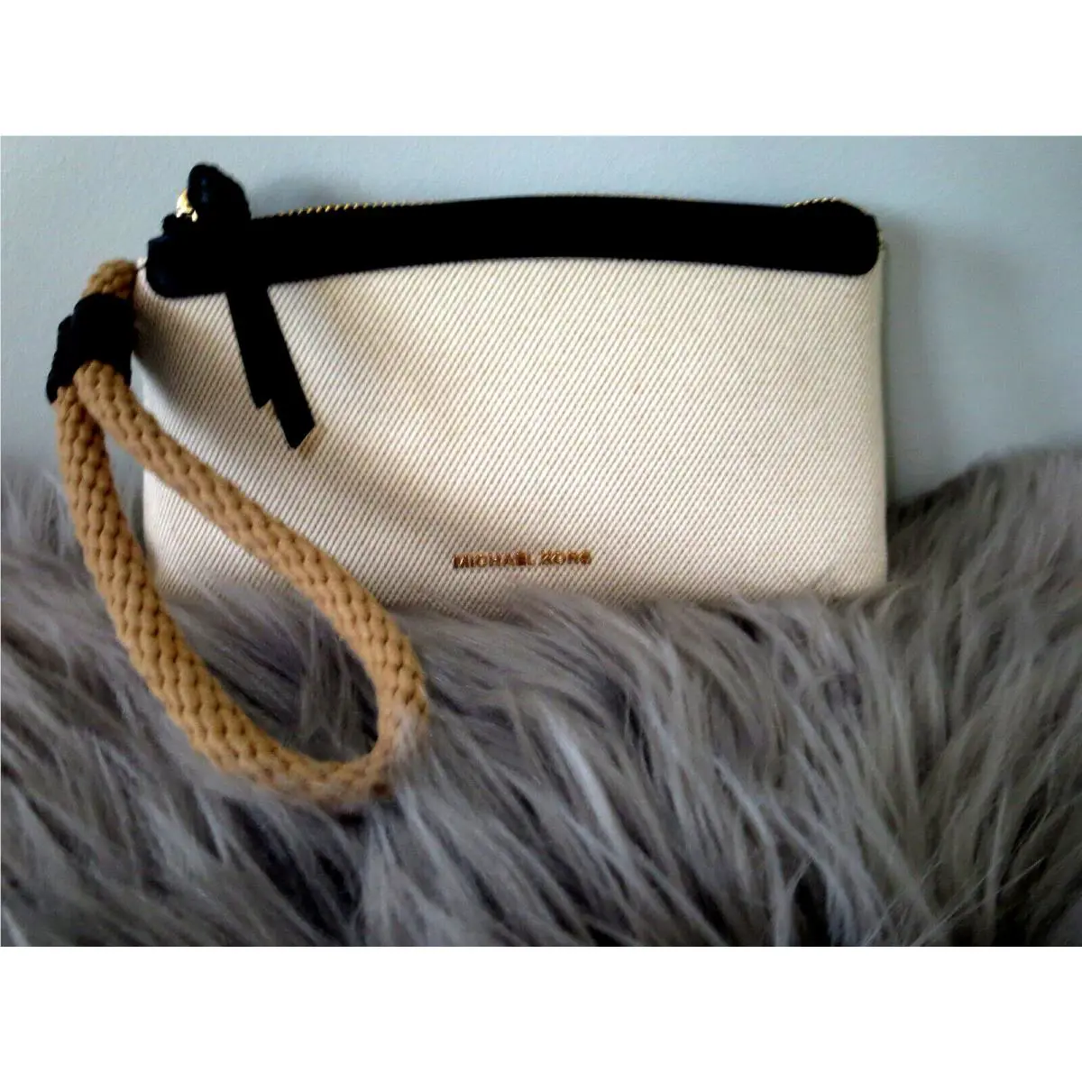 Michael Kors Talia Natural Canvas Black Leather Rope Wristlet Wallet