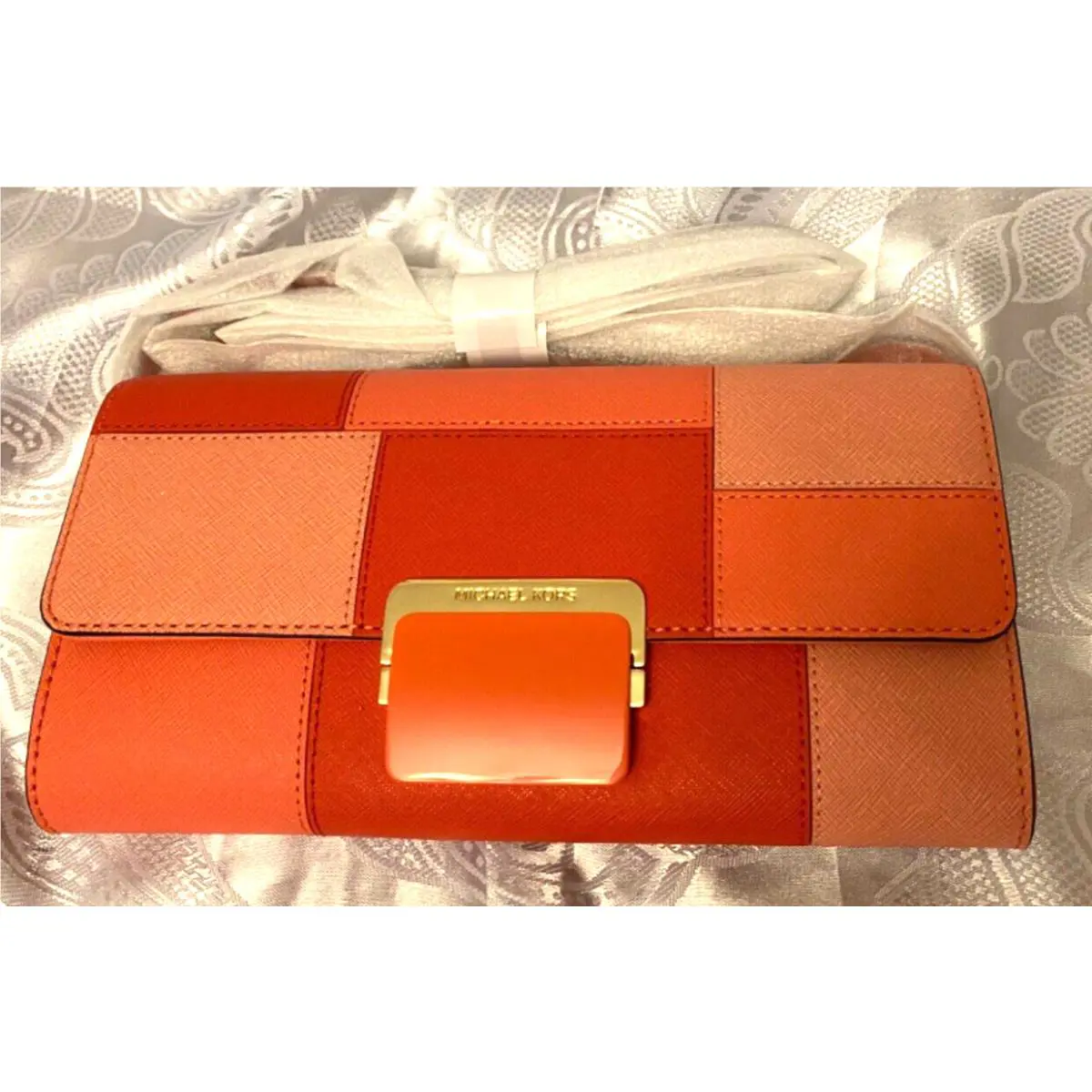 Michael Kors Cynthia Pink Grapefruit LG Clutch Leather Handbag