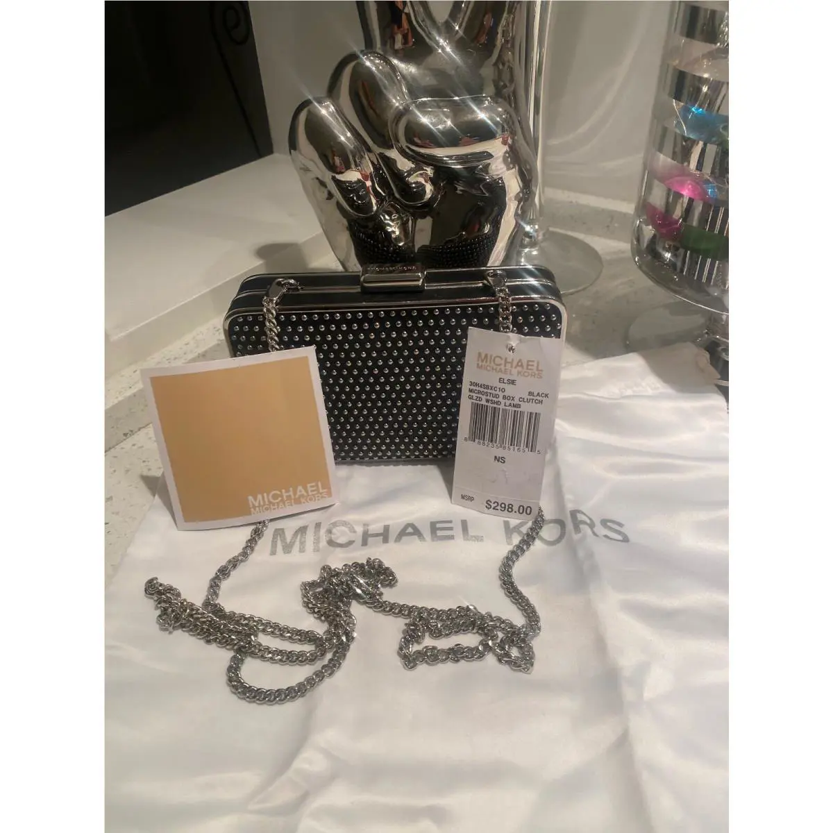 Michael Kors Silver Metallic Studded Box Clutch Cross Body Rare Find