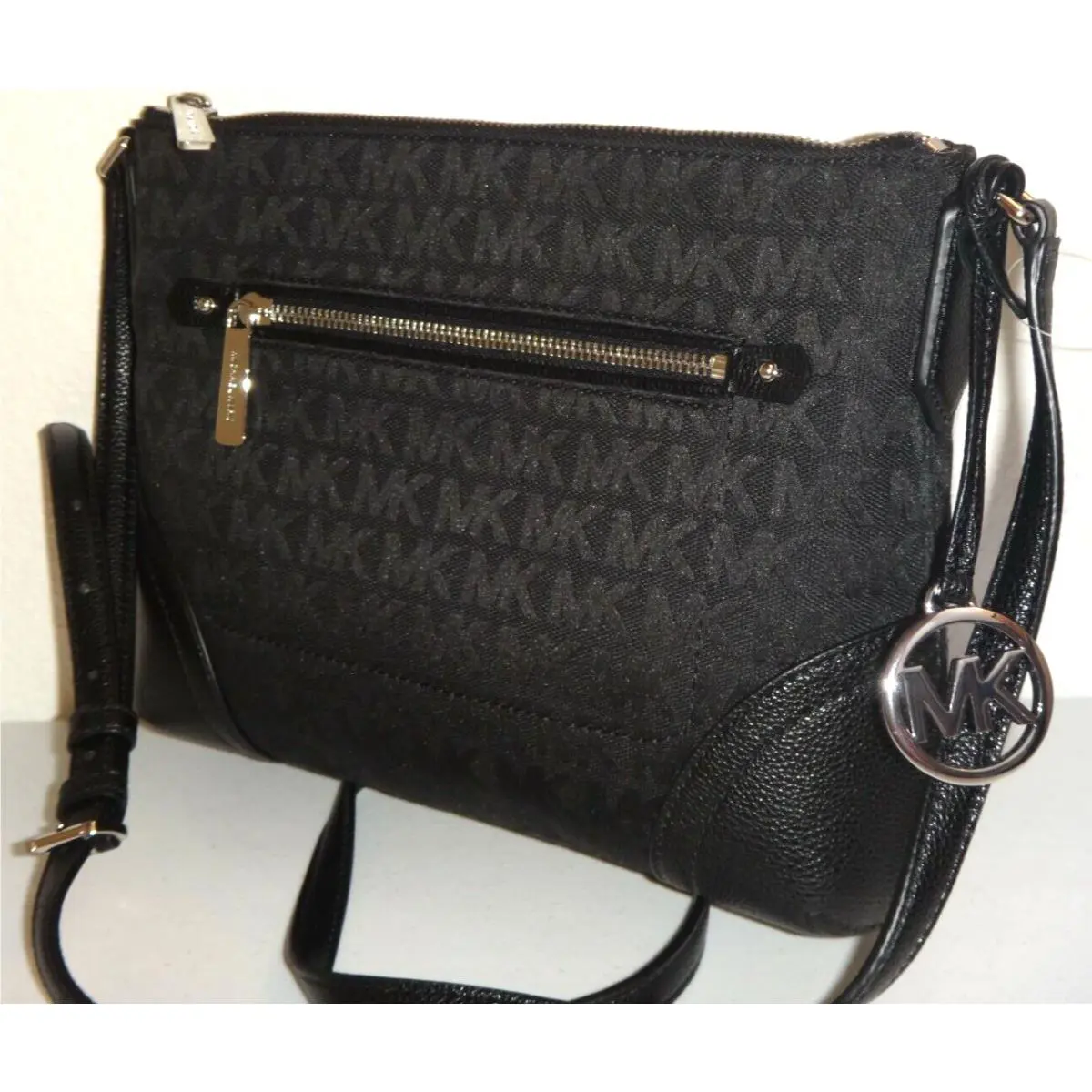 Michael Kors Fallon MK Signature Black Jacquard Leather Messenger Shoulder Bag