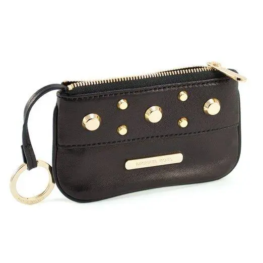 Michael Kors Ludlow Black Leather Gold Studs Coin Purse Key Small Wallet