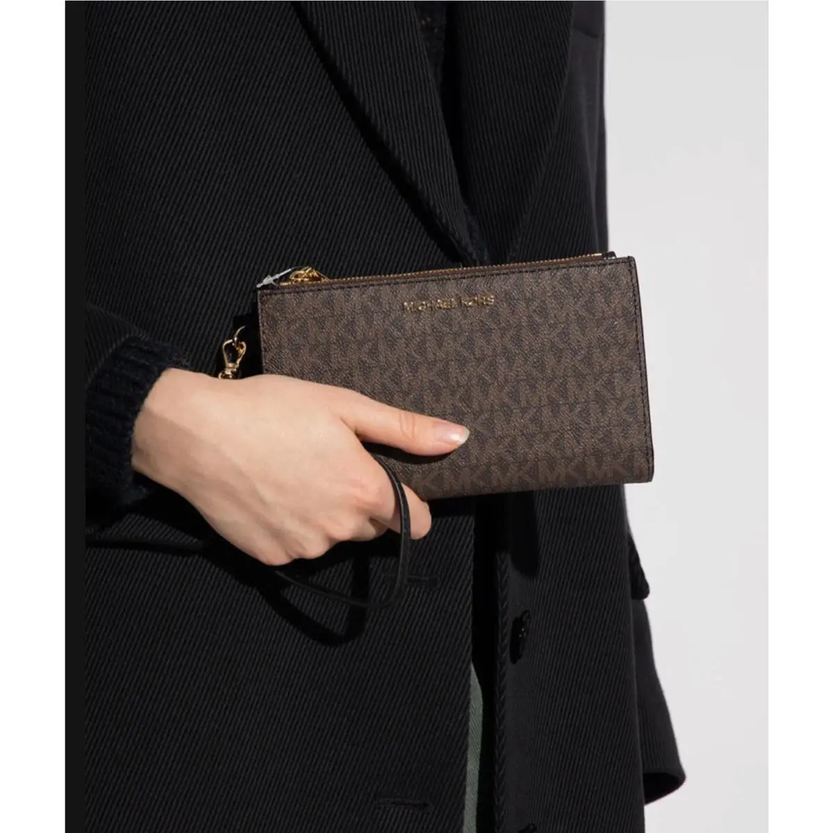 Michael Kors Jet Set Travel Large Double Zip Wristlet MK Logo Print Brown