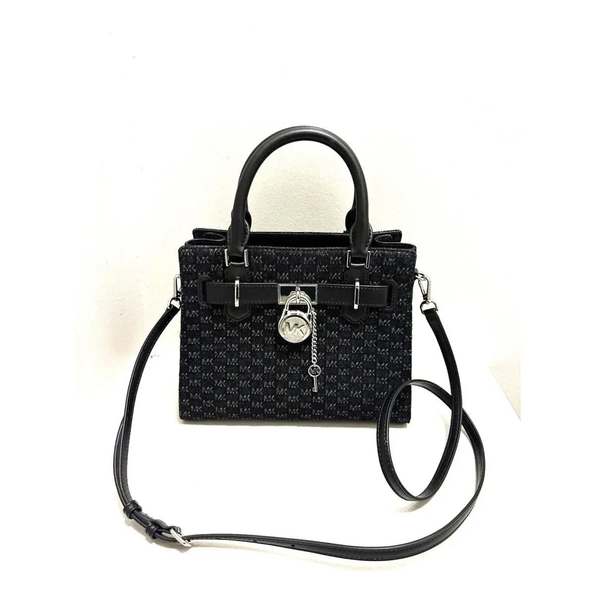 Michael Kors Hamilton Small Logo Embossed Washed Denim Satchel Black