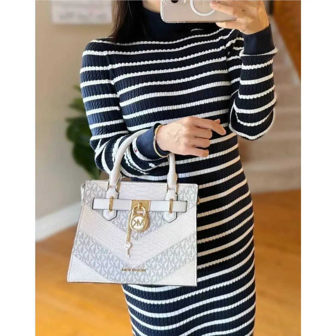 Michael Kors Hamilton Small Satchel Leather Cream Multi Gold Shoulder Crossbody