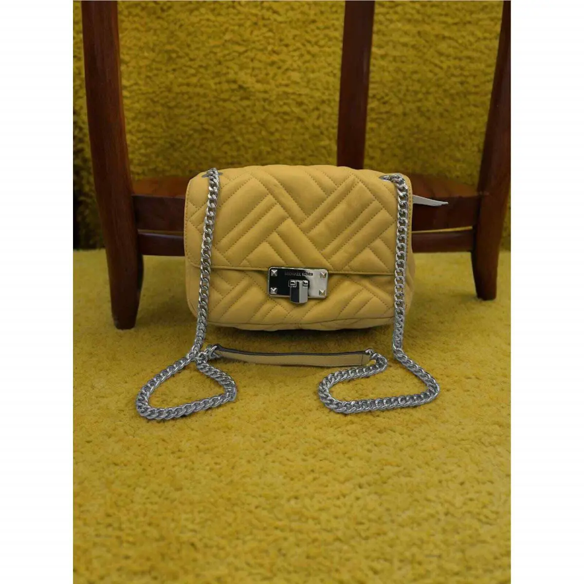 Michael Kors Peyton MD Shoulder Flap Bag - Dusty Daisy - Leather - Yellow, Lining: Beige, Hardware: Silver