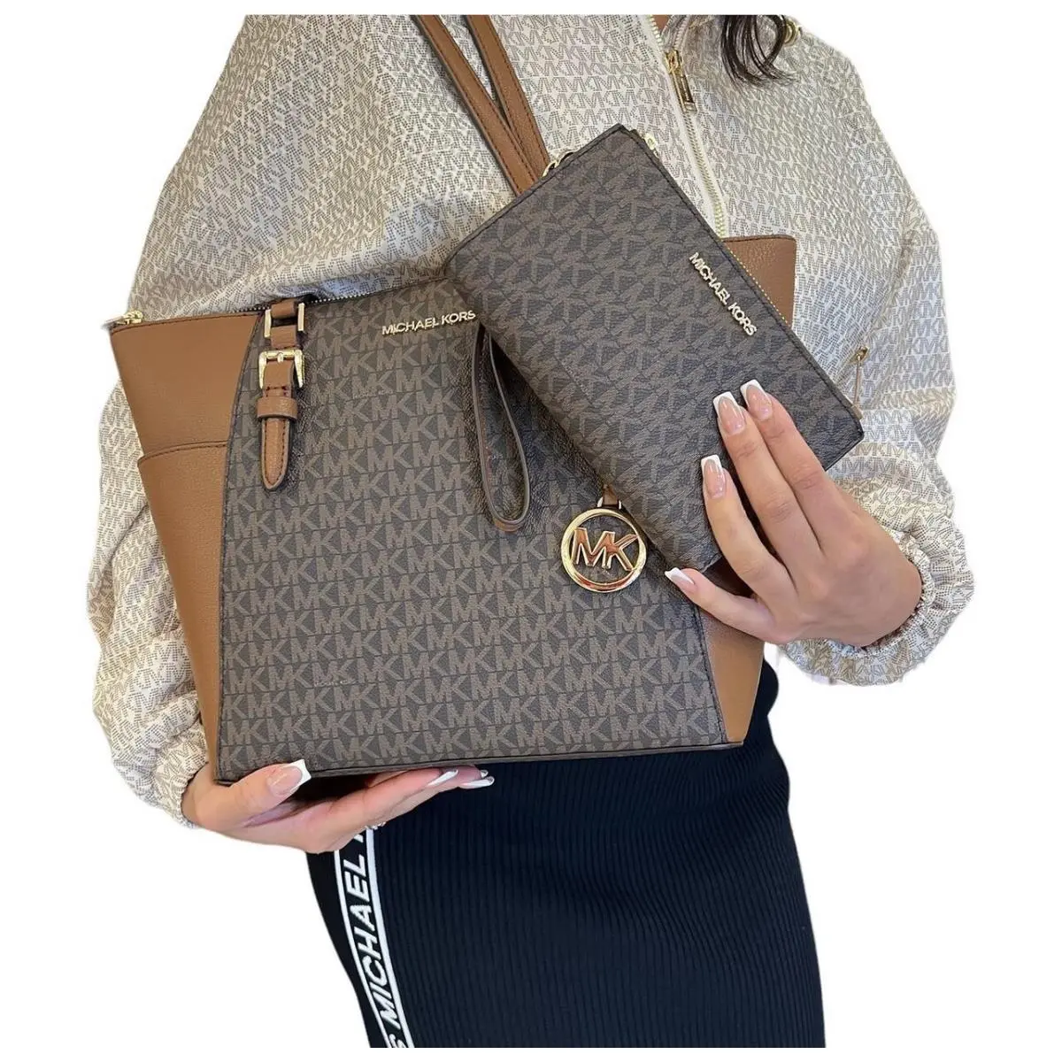 Michael Kors Charlotte Large Top Zip Tote Bag + Wallet Set Brown