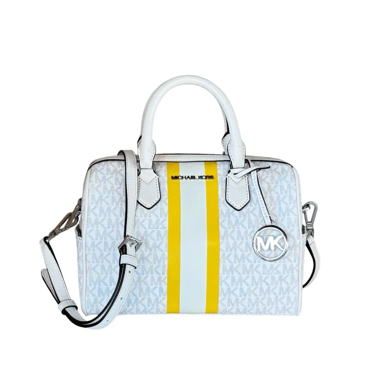 Michael Kors Bedford Small Duffle Shoulder Bag Center Stripe MK White/yellow