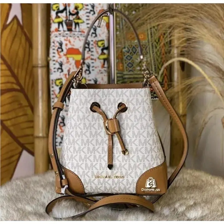 Michael Kors Mercer Small Vanilla Signature Leather Bucket Crossbody Bag