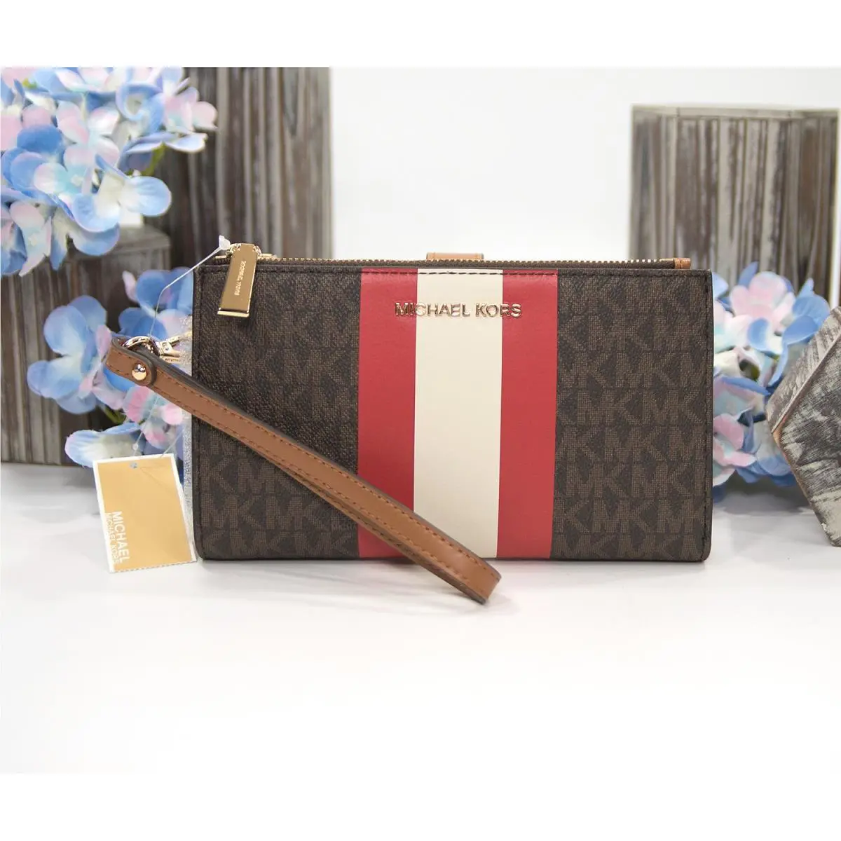 Michael Kors Brown Monogram Bright Red Stripe Logo Double Zip Phone Wristlet