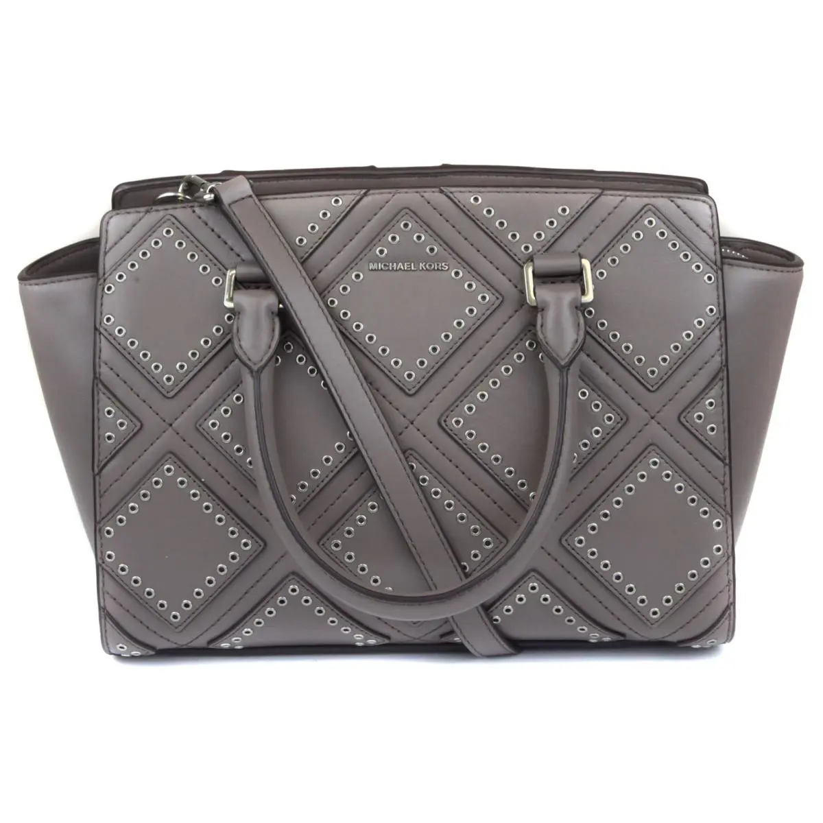 Michael Kors Women`s Cinder Grey Selma Diamond Grommet Leather Satchel Purse Ba