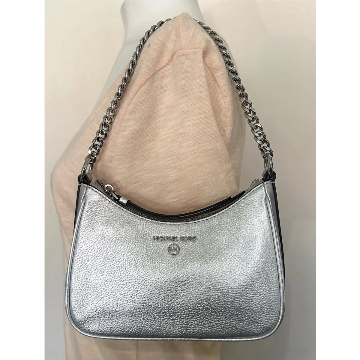 Jet Set Charm Silver Pebbled Leather Small Pochette Bag by Michael Kors
