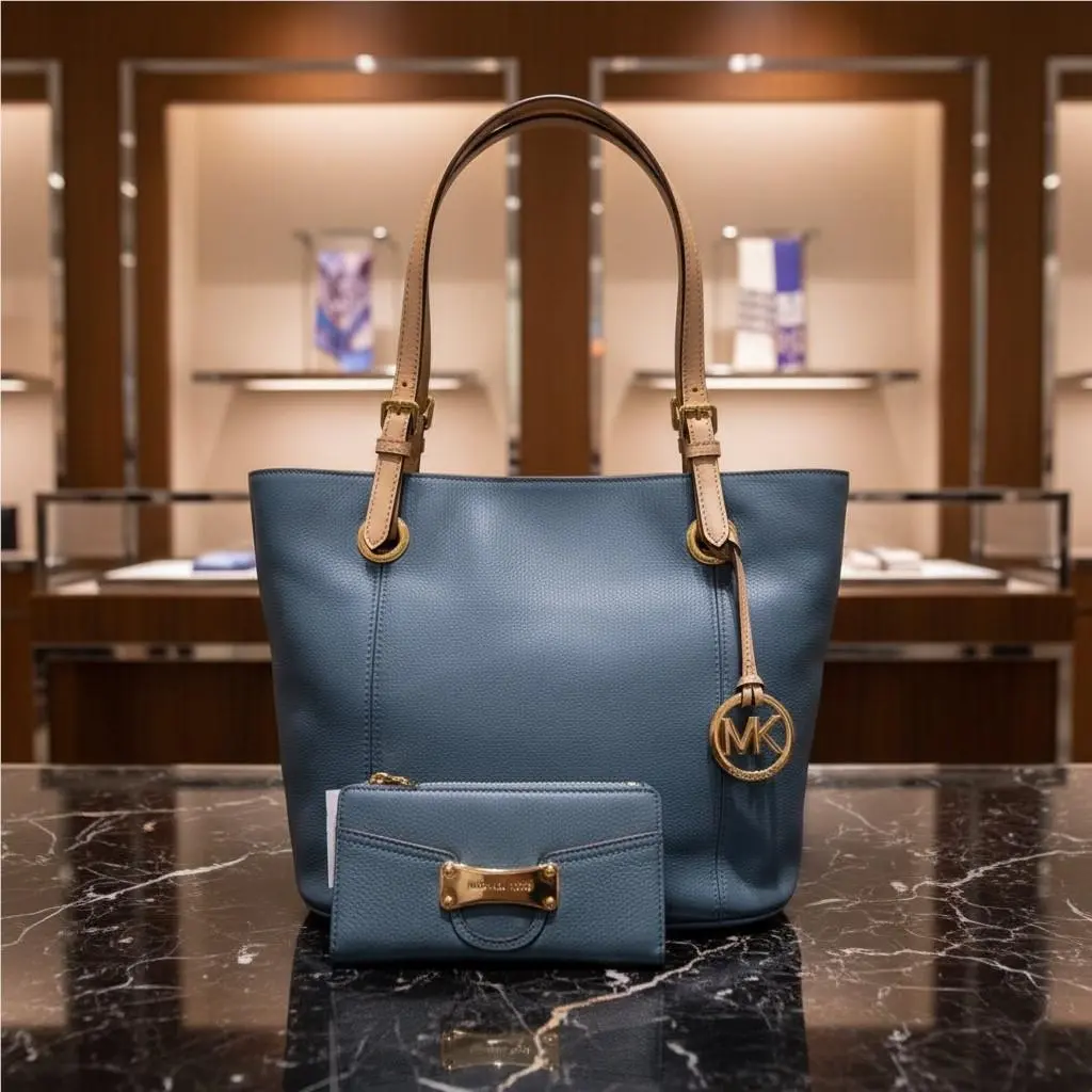 Michael Kors Jet Set Surf Blue Pebbled Leather Tote Bag + Wallet Set
