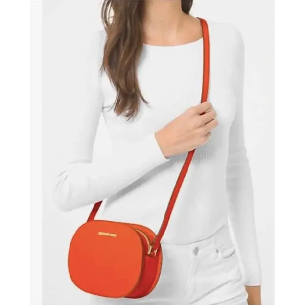Jet Set Medium Oval Crossbody Bag Poppy Orange Leather 35T1GTVC6L by Michael Kors