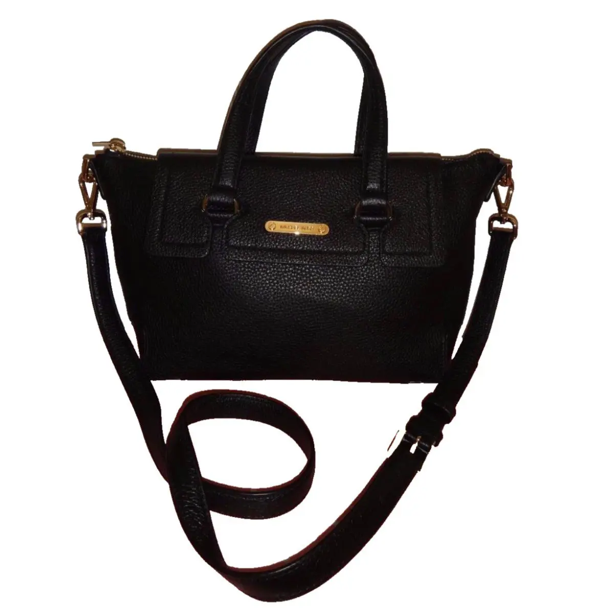 Michael Kors Women`s Mackenze MK Black Leather Satchel Shoulder Bag Purse Gold