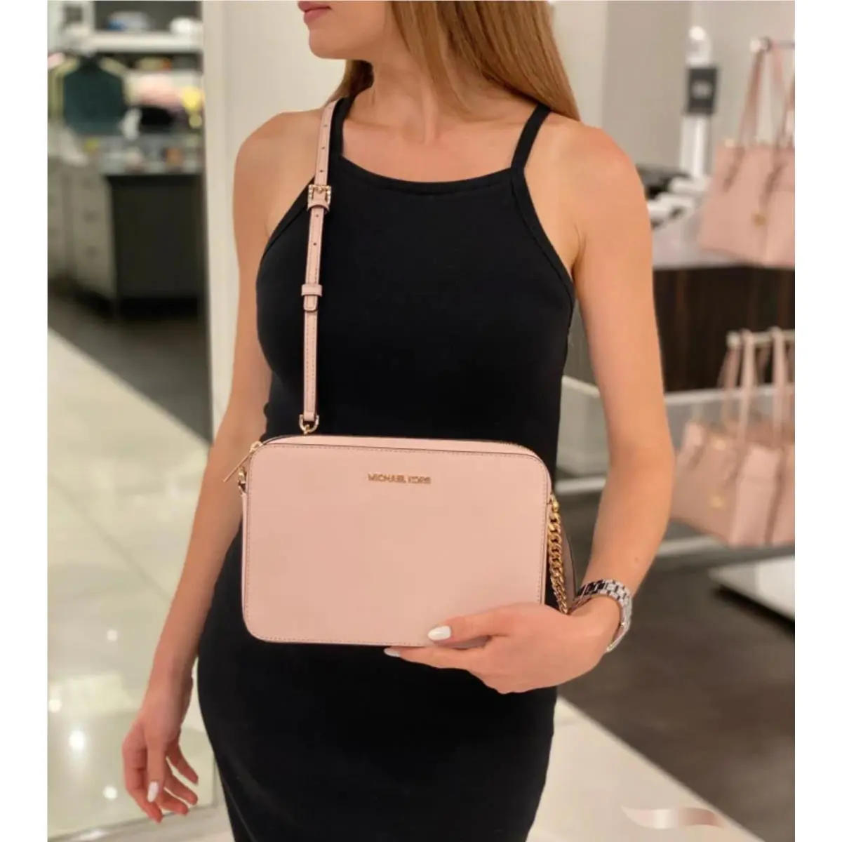 Michael Kors Jet Set Large Printed Signature Logo Crossbody Bag Powder Blush