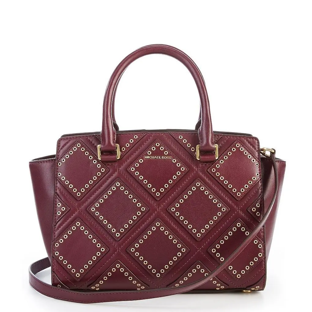 Michael Kors Selma Medium Diamond Grommet Top Zip Plum Red Leather Satchel - Exterior: Plum