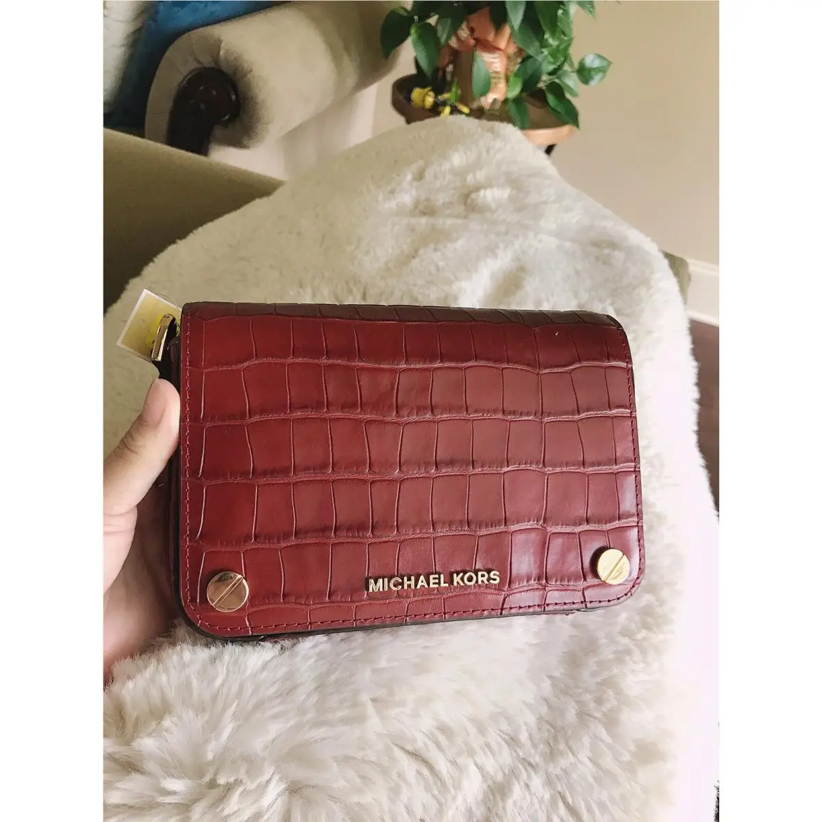 Michael Kors Jet Set Small Full Flap Embossed Leather Crossbody Brandy Red