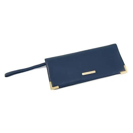 Beverly Navy Blue Leather Gold Logo Wristlet Clutch Wallet by Michael Kors