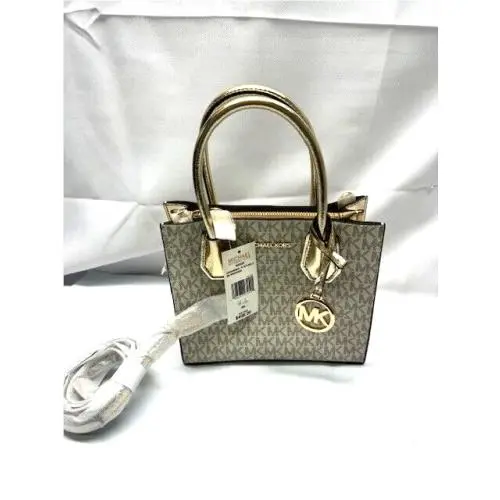 Michael Kors Mercer MD Messenger Metallic Leather Bag Pale Gold Multi