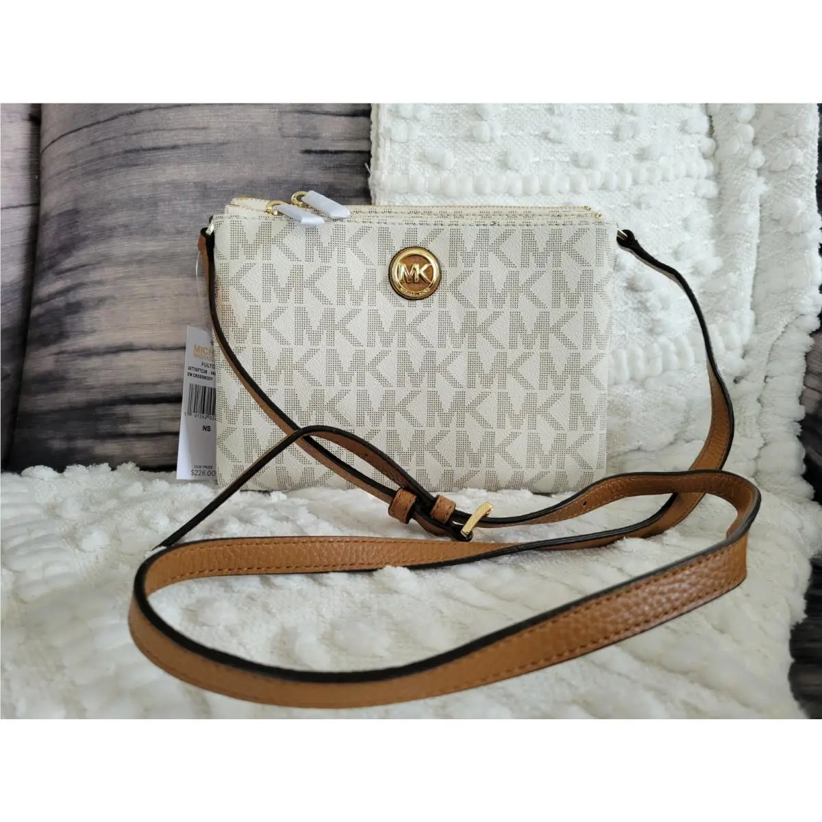 MK Michael Kors Crossbody Sling Bag Fulton Monogram Design Vanilla Acron