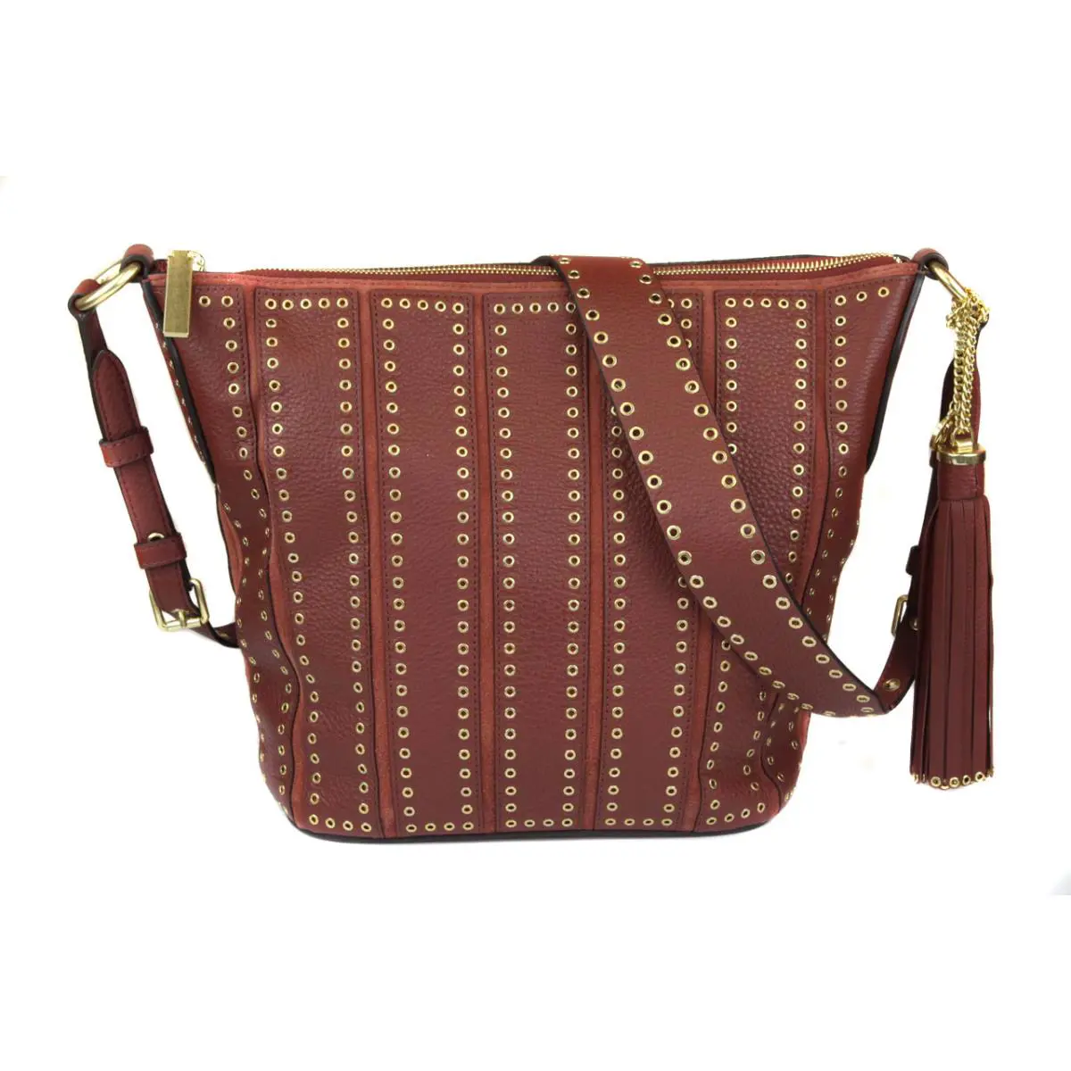 Michael Kors Women`s Brick Red Brooklyn Grommet Leather Feed Bag Purse Ret - Red