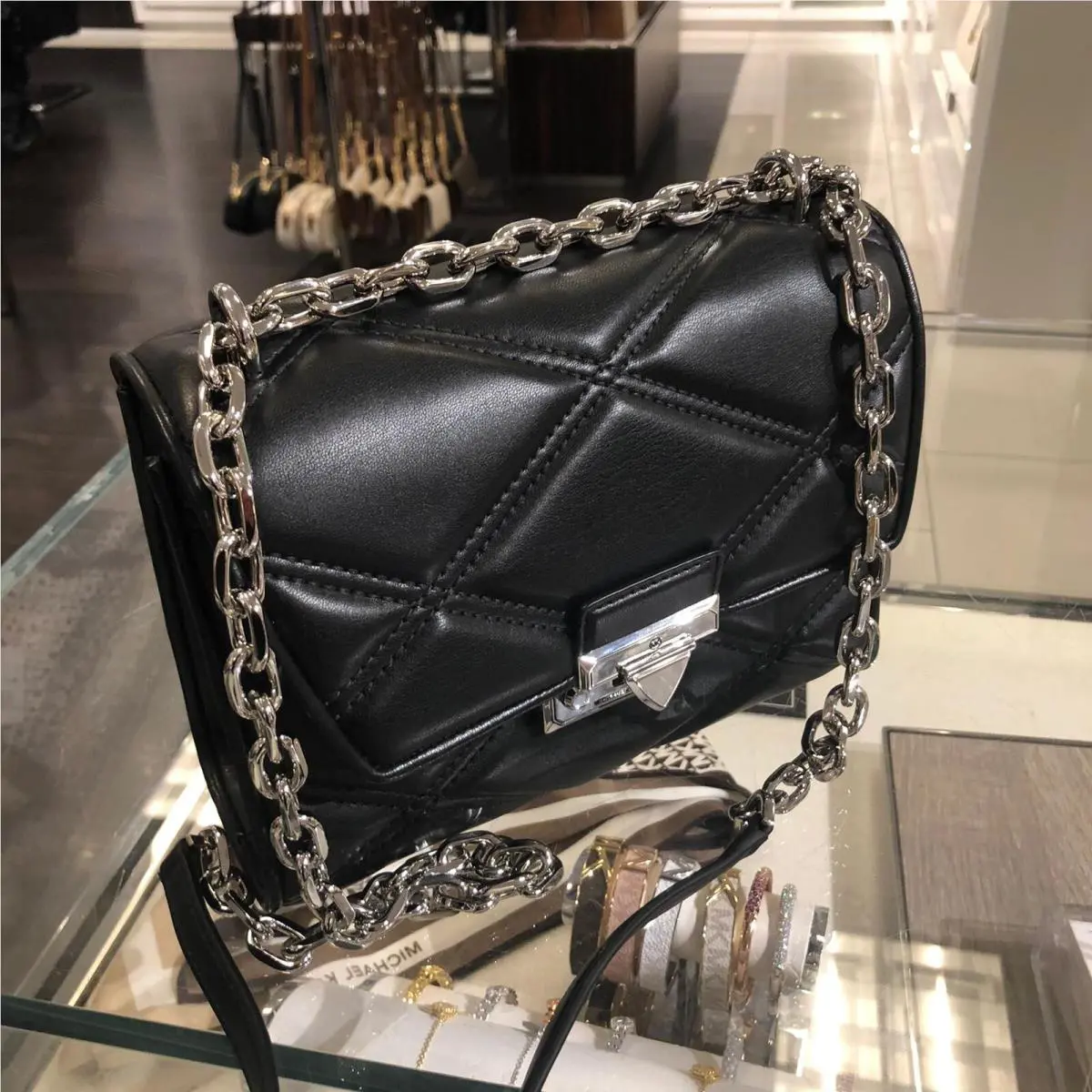 Michael Kors Medium Handbag Bag Shoulder Crossbody Purse Messenger Black Silver